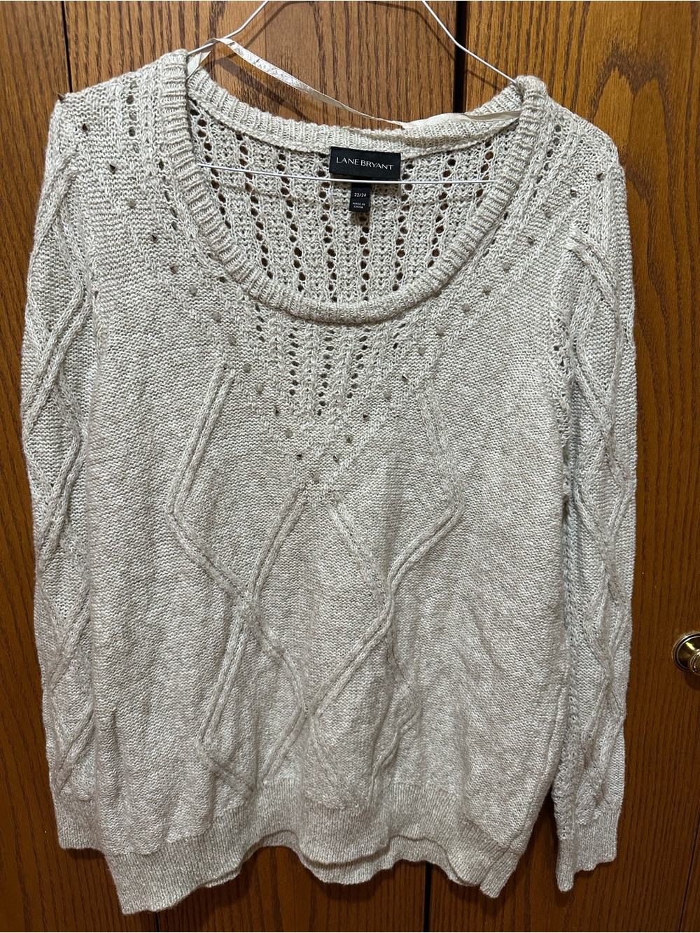 Lane Bryant Cream Open-Knit Scoop Neck Cable Sweater